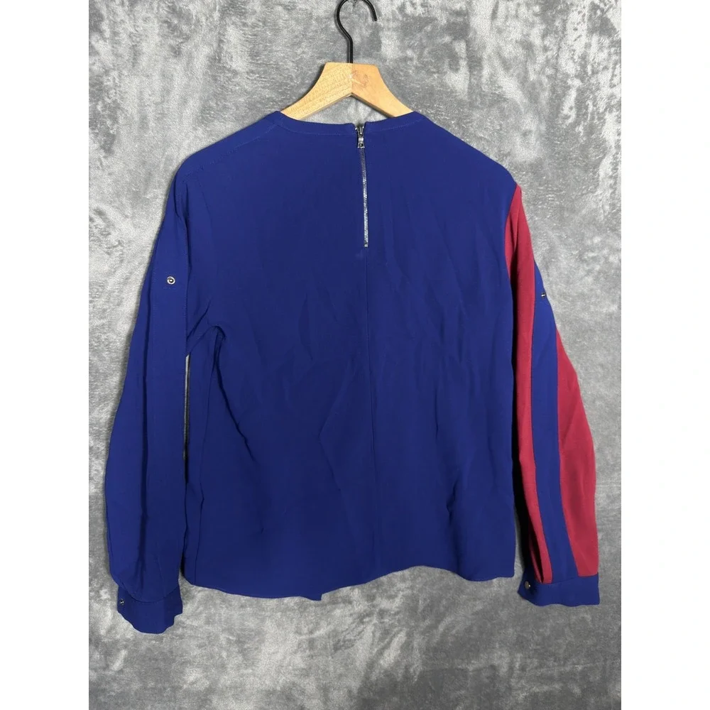 BCBGMAXAZRIA Womens Blouse XS Multicolor Colorblock Asymmetrical Zip Long Sleeve